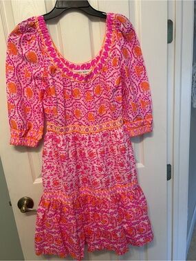 Gretchen Scott Designs Hot Pink and Orange Floral Tiered Scoop Dress